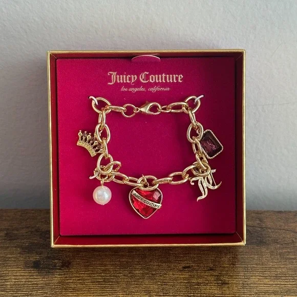 New Juicy Couture Gold Color Charm Bracelet Heart Purple Red Crown JC Jewelry - Picture 2 of 3